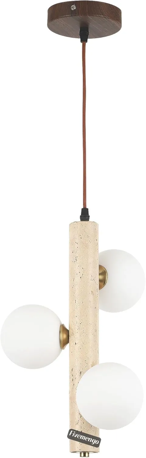 1 Pack Wabi Sabi Pendant Light, 3-Lights 9.48in Natural Travertine Stone & Glass Lampshade, Japandi Nordic Pendant Lighting Fixture for Kitchen Island Dining Room Bedroom (Bulb Included)