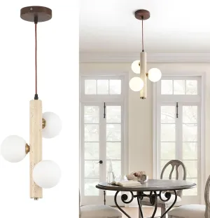 1 Pack Wabi Sabi Pendant Light, 3-Lights 9.48in Natural Travertine Stone & Glass Lampshade, Japandi Nordic Pendant Lighting Fixture for Kitchen Island Dining Room Bedroom (Bulb Included)