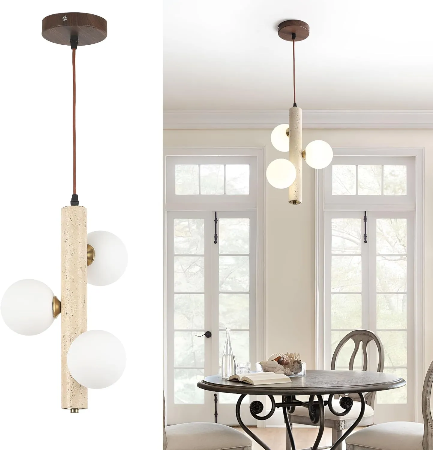 1 Pack Wabi Sabi Pendant Light, 3-Lights 9.48in Natural Travertine Stone & Glass Lampshade, Japandi Nordic Pendant Lighting Fixture for Kitchen Island Dining Room Bedroom (Bulb Included)