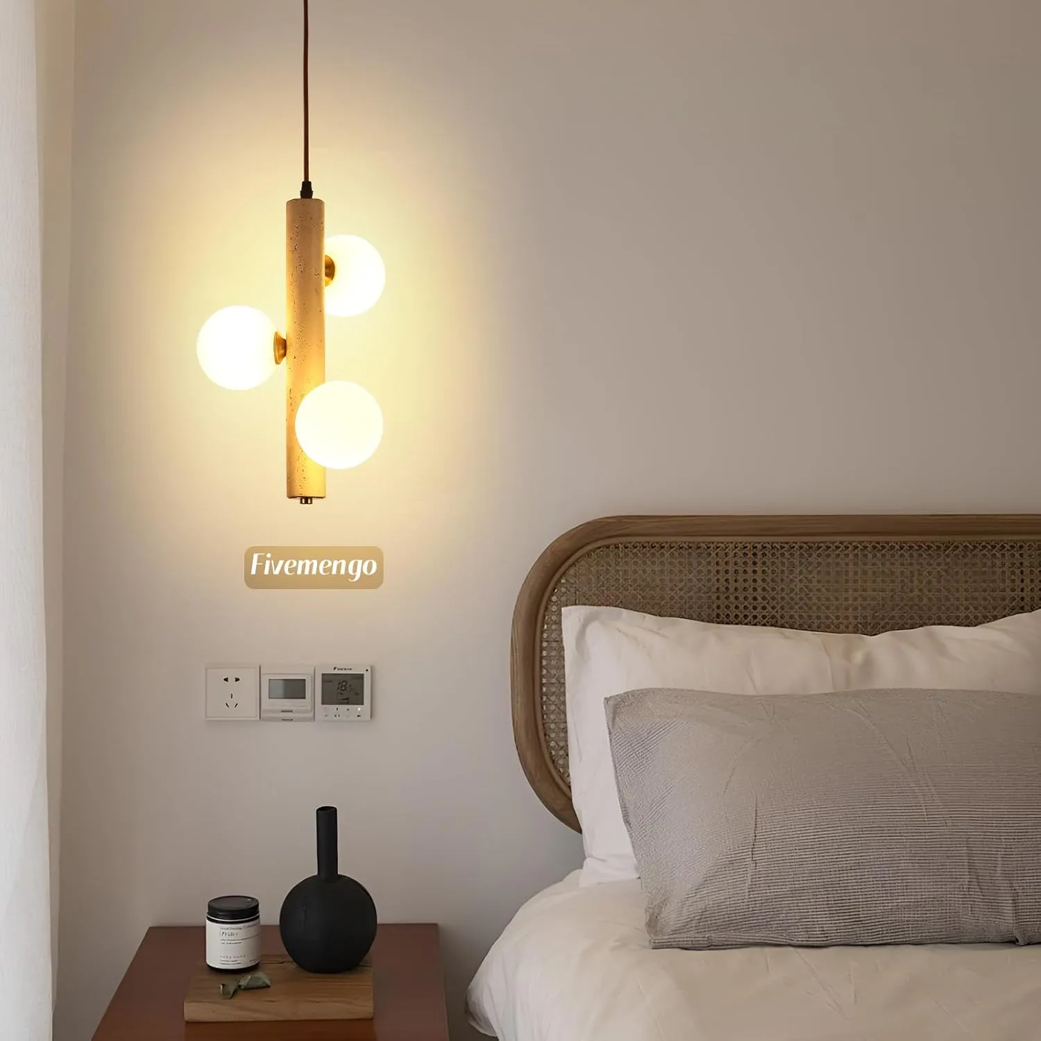 1 Pack Wabi Sabi Pendant Light, 3-Lights 9.48in Natural Travertine Stone & Glass Lampshade, Japandi Nordic Pendant Lighting Fixture for Kitchen Island Dining Room Bedroom (Bulb Included)