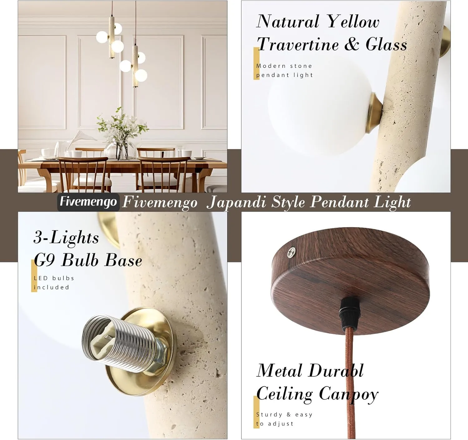 1 Pack Wabi Sabi Pendant Light, 3-Lights 9.48in Natural Travertine Stone & Glass Lampshade, Japandi Nordic Pendant Lighting Fixture for Kitchen Island Dining Room Bedroom (Bulb Included)