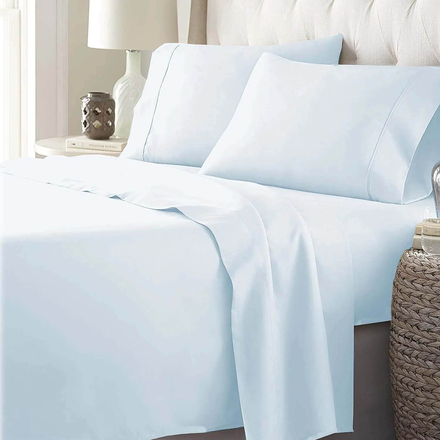 1000 Thread Count PIMA Cotton Solid Light Blue 18"(inch) Deep Pocket Full XL(54"X80") Sheet Set- 4 Pc Sheet with Pillowcases, Hotel Quality