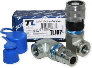 1/2" Body with 90 deg. Elbow 1/2" NPT Thread | Flat Face Hydraulic Quick Connect Coupler | Skid Steer Bobcat Attachment | ISO 16028 Heavy-Duty Coupling Sets with Dust Caps | Model TL107