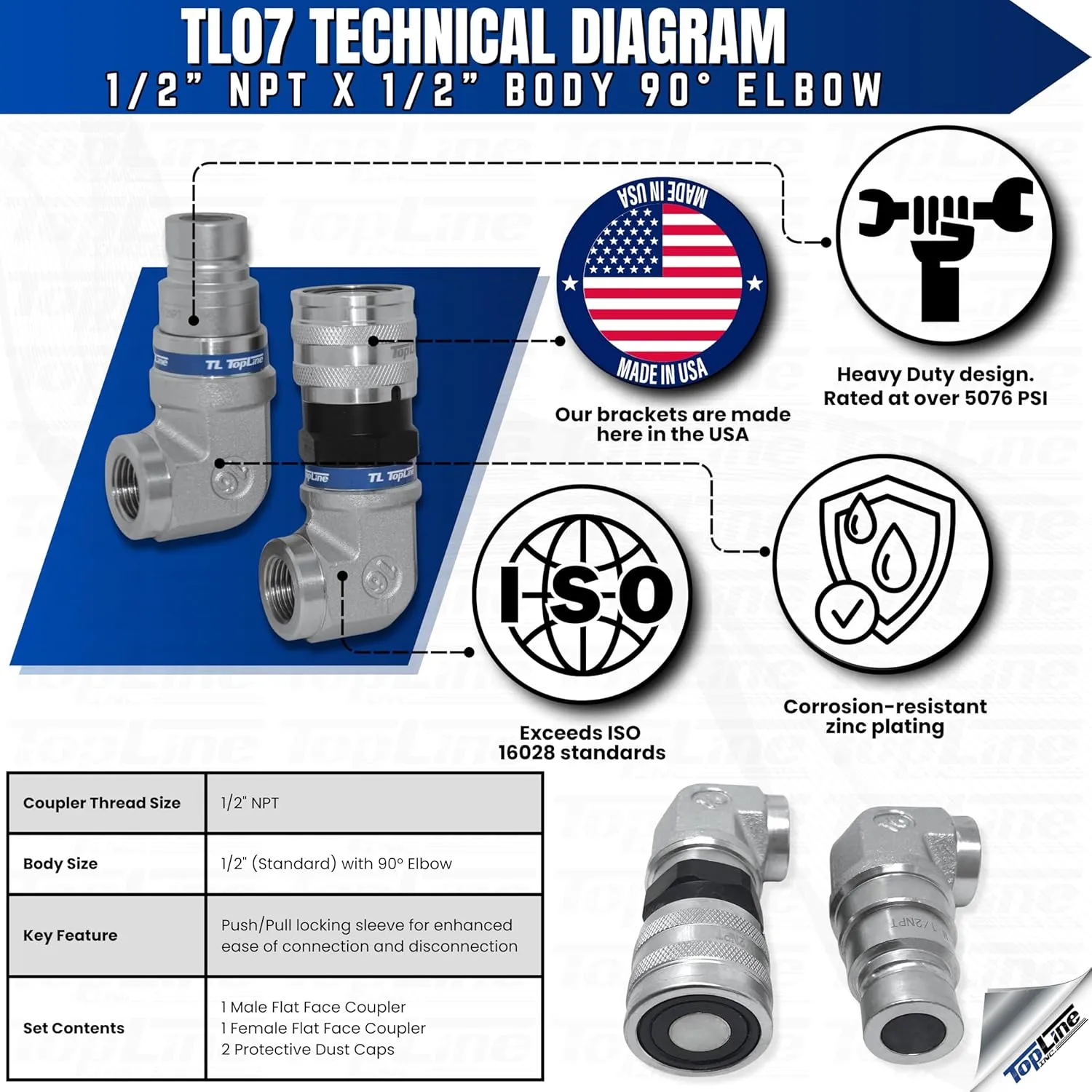 1/2" Body with 90 deg. Elbow 1/2" NPT Thread | Flat Face Hydraulic Quick Connect Coupler | Skid Steer Bobcat Attachment | ISO 16028 Heavy-Duty Coupling Sets with Dust Caps | Model TL107