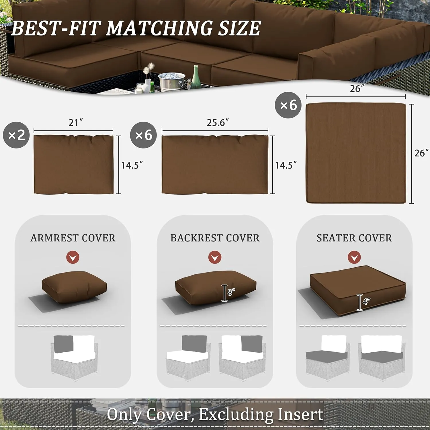 14 Pcs Outdoor Patio Cushion Covers, Replaceable Waterproof Furniture Covers, Outdoor Non-Slip Covers with Zippers, Couch 3 Sizes, Covers Only (Chocolate)