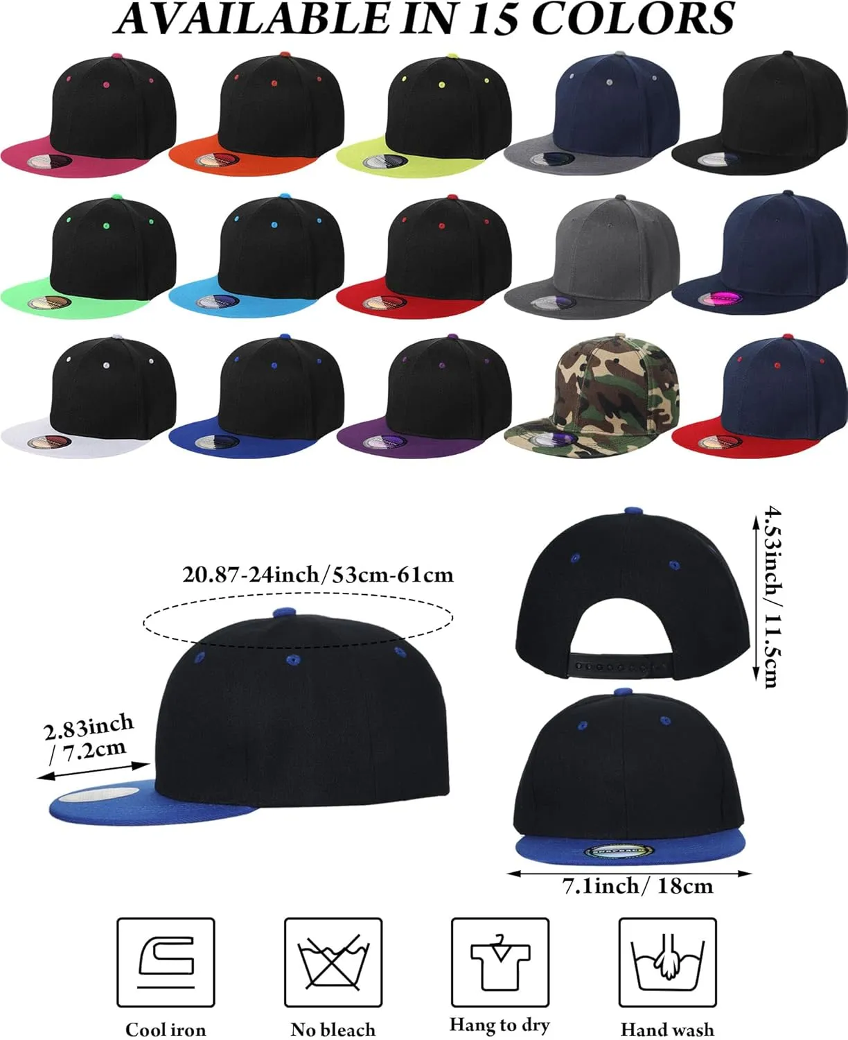 15 Pack Snapback Hats for Men Hip Hop Style Solid Baseball Hats Adjustable Snapback Cap Flat Brim Baseball Caps
