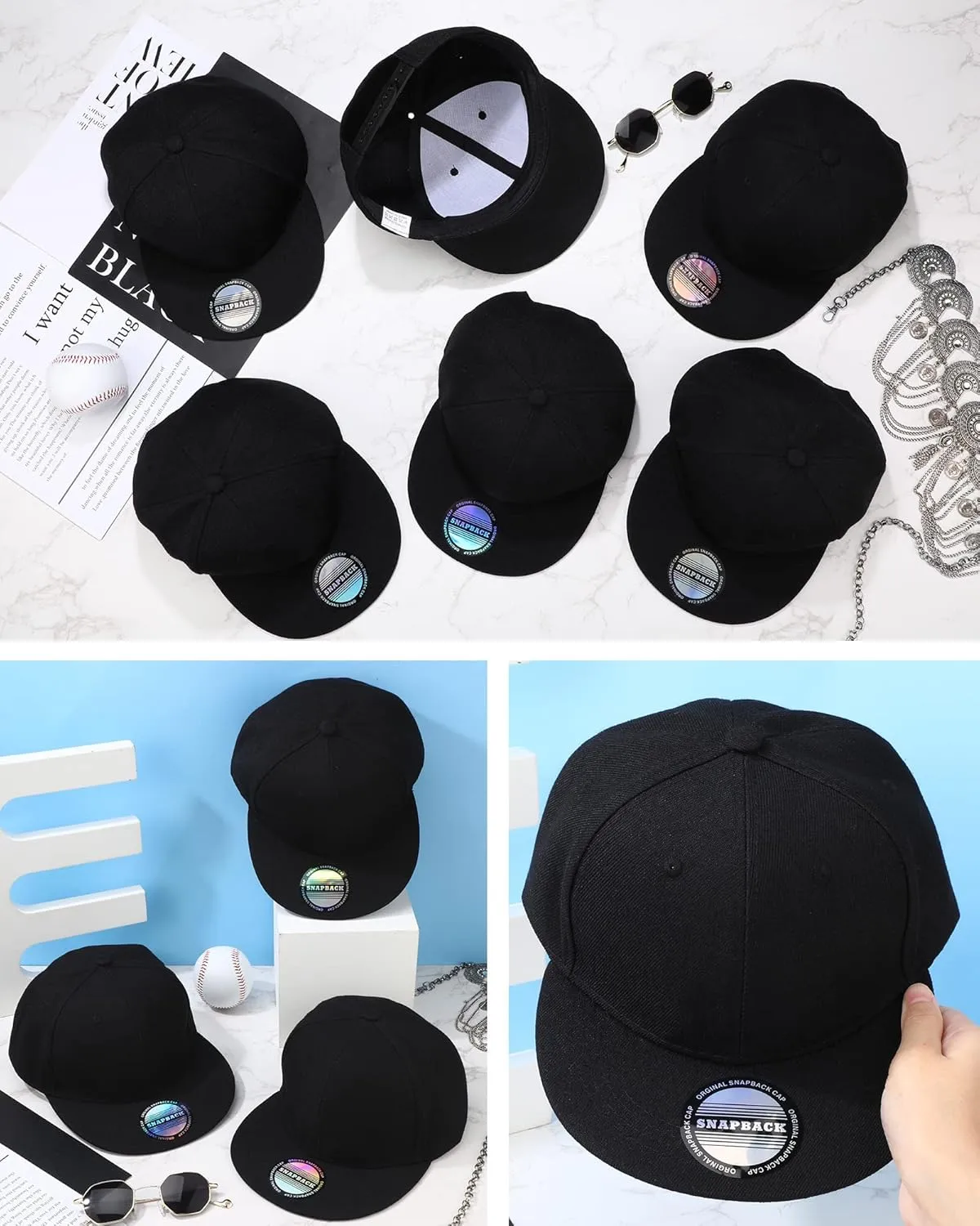 15 Pack Snapback Hats for Men Hip Hop Style Solid Baseball Hats Adjustable Snapback Cap Flat Brim Baseball Caps