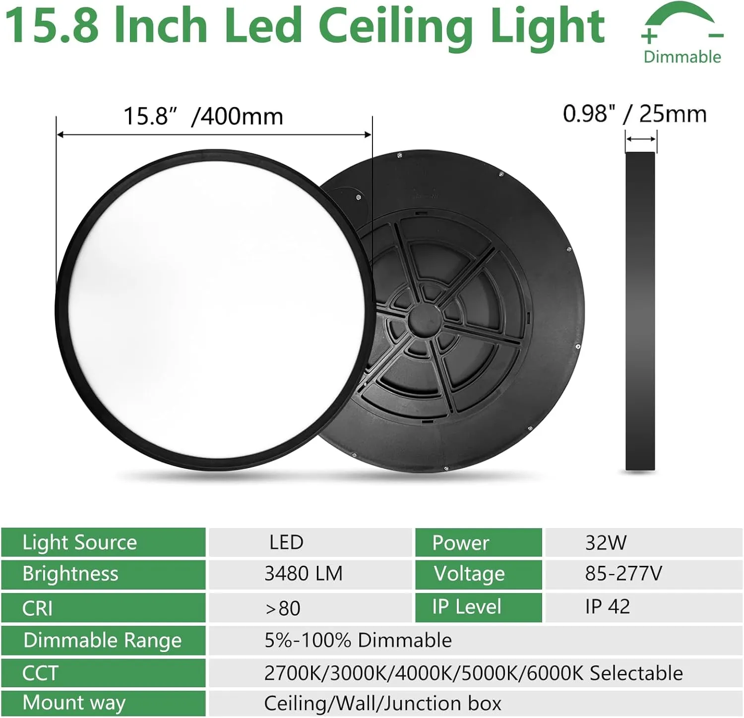 15.8 Inch Dimmable LED Flush Mount Ceiling Light, 32W, 3480LM, 3000K/3700K/4000K/5000K/6000K, Round Flat Panel Low Profile Ceiling Light Fitures for Hallway, Kitchen, Bedroom, 2PK Black