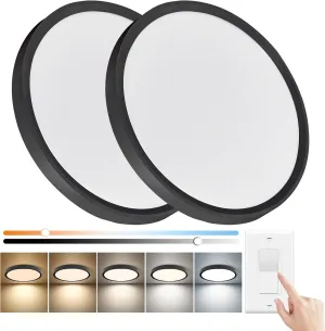 15.8 Inch Dimmable LED Flush Mount Ceiling Light, 32W, 3480LM, 3000K/3700K/4000K/5000K/6000K, Round Flat Panel Low Profile Ceiling Light Fitures for Hallway, Kitchen, Bedroom, 2PK Black