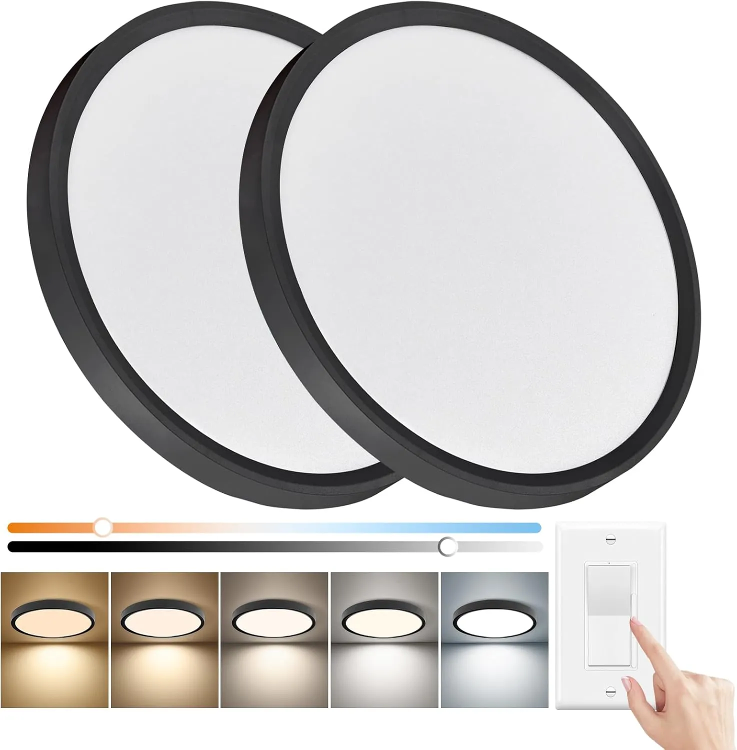 15.8 Inch Dimmable LED Flush Mount Ceiling Light, 32W, 3480LM, 3000K/3700K/4000K/5000K/6000K, Round Flat Panel Low Profile Ceiling Light Fitures for Hallway, Kitchen, Bedroom, 2PK Black