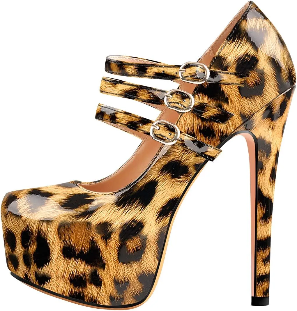 15cm Platform Round Toe Patent High Heel Stiletto Ankle Strap Pumps