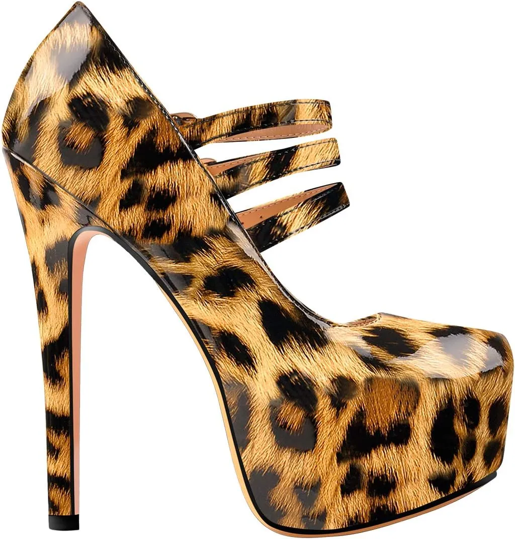 15cm Platform Round Toe Patent High Heel Stiletto Ankle Strap Pumps