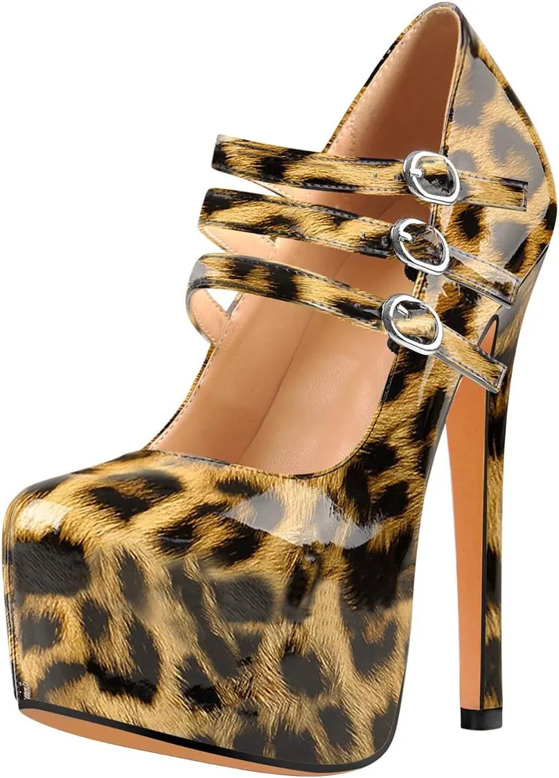 15cm Platform Round Toe Patent High Heel Stiletto Ankle Strap Pumps