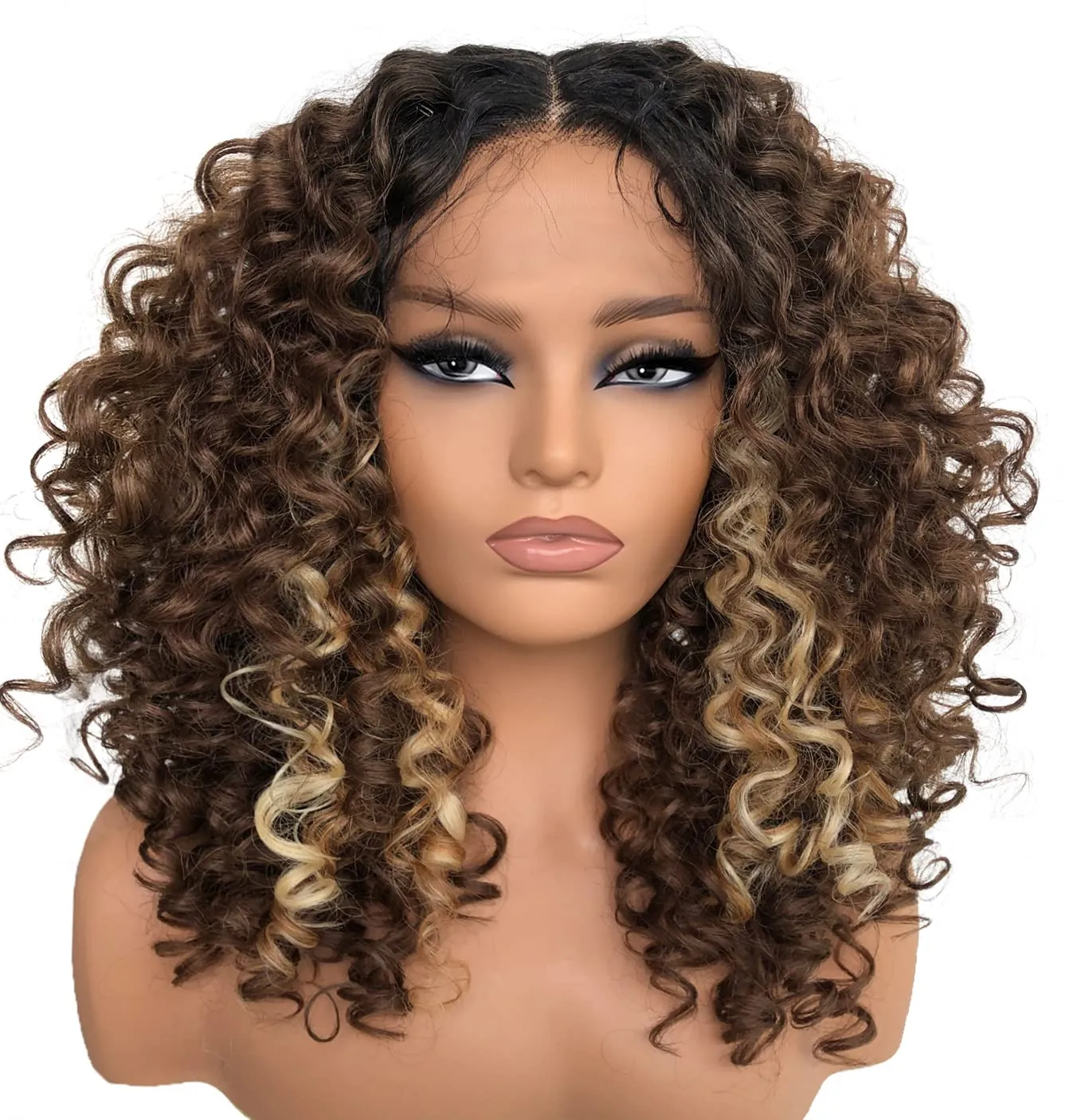 16inch Skunk Strip Blonde Highlights Curly Lace Front Wig Human Hair Blend Pre Plucked Synthetic HD Lace Short Curly Wigs for Black Women