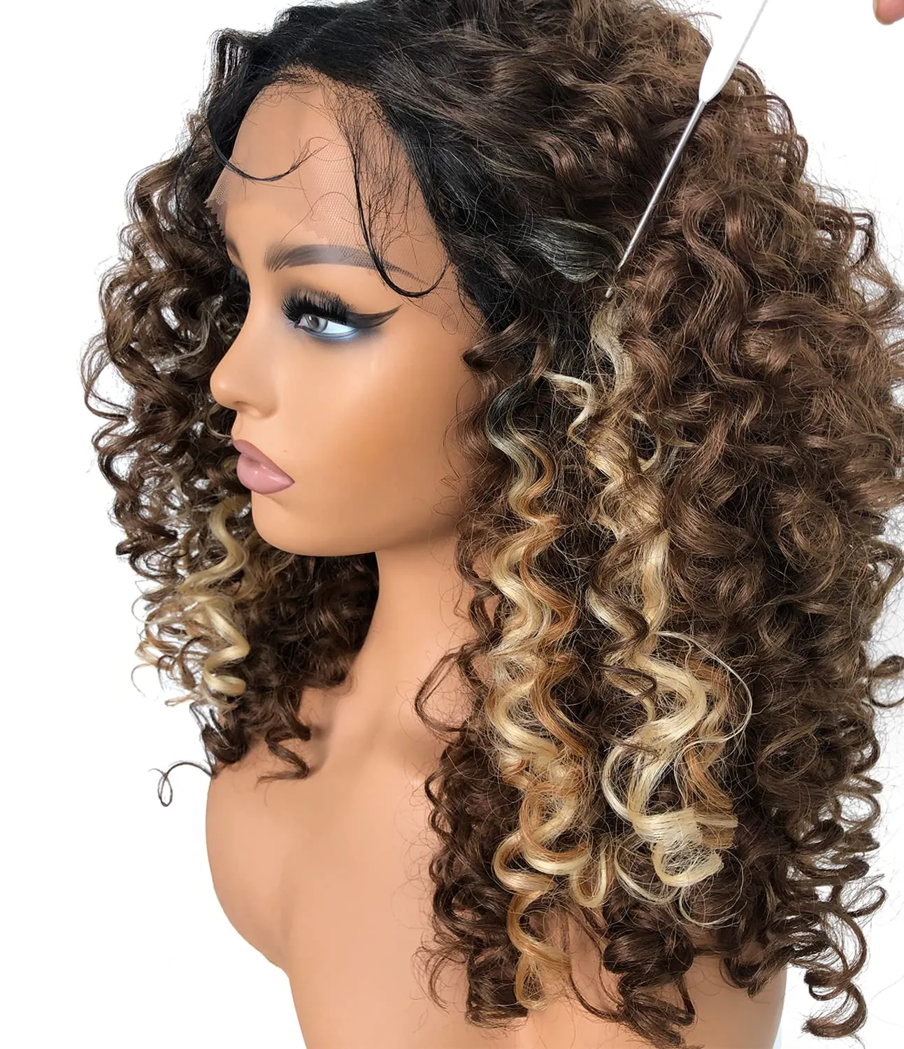 16inch Skunk Strip Blonde Highlights Curly Lace Front Wig Human Hair Blend Pre Plucked Synthetic HD Lace Short Curly Wigs for Black Women