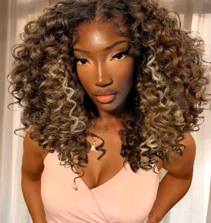 16inch Skunk Strip Blonde Highlights Curly Lace Front Wig Human Hair Blend Pre Plucked Synthetic HD Lace Short Curly Wigs for Black Women