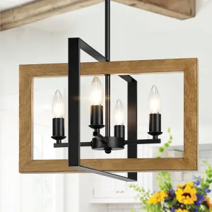 17" Farmhouse Chandelier, 4-Light Rustic Chandelier for Dining Room Light Fixture, Adjustable Wood Hanging Light Fixture for Living Room, Kitchen, Foyer, Bedroom and Entryway