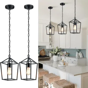 2-Pack Farmhouse Pendant Lights Kitchen Island, Black Pendant Light Fixtures Hanging Lamp for Dining Room, Modern Kitchen Pendant Lighting Over Island, Metal Cage Design
