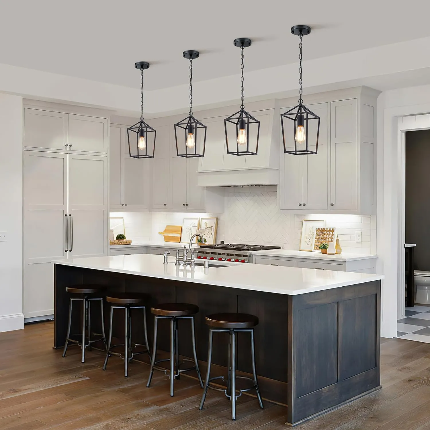 2-Pack Farmhouse Pendant Lights Kitchen Island, Black Pendant Light Fixtures Hanging Lamp for Dining Room, Modern Kitchen Pendant Lighting Over Island, Metal Cage Design