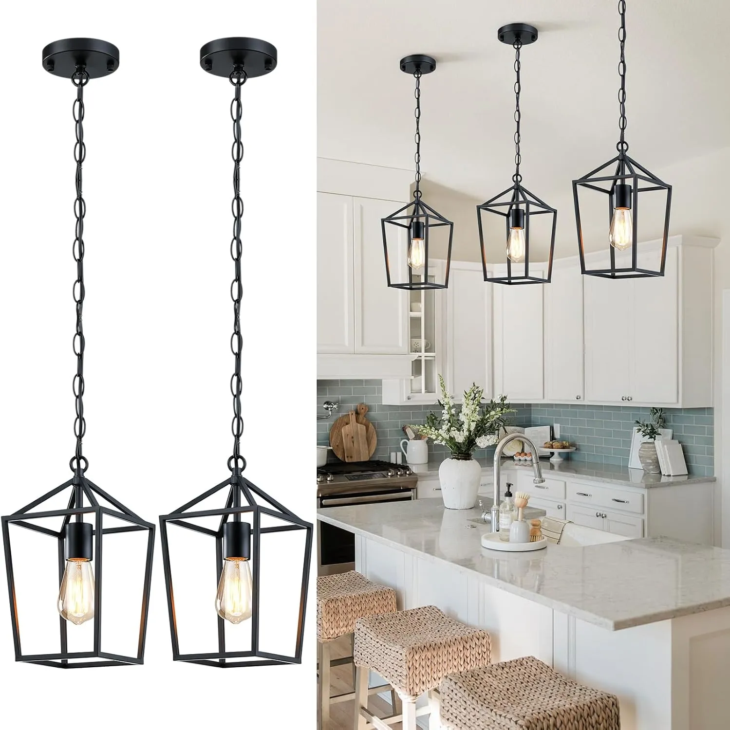 2-Pack Farmhouse Pendant Lights Kitchen Island, Black Pendant Light Fixtures Hanging Lamp for Dining Room, Modern Kitchen Pendant Lighting Over Island, Metal Cage Design