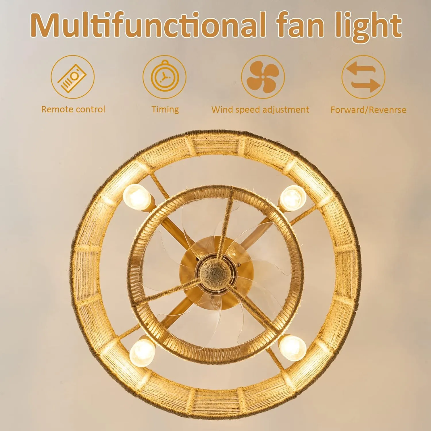 20 Inch Boho Ceiling Fan with Lights Remote Control, Caged Fandelier Ceiling Fan with Light, Rattan Chandelier with 6 Speeds for Bedroom, Study Room, Living Room