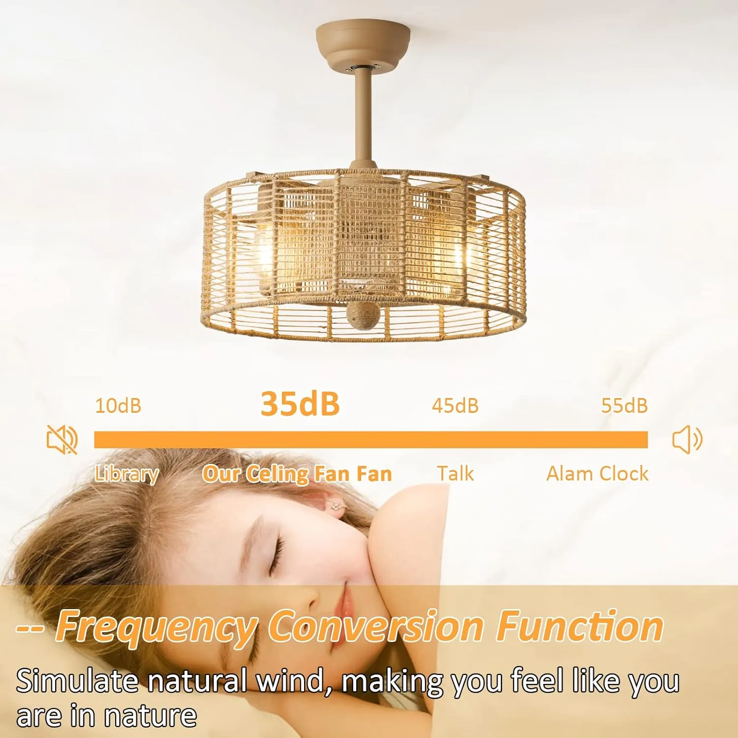 20 Inch Boho Ceiling Fan with Lights Remote Control, Caged Fandelier Ceiling Fan with Light, Rattan Chandelier with 6 Speeds for Bedroom, Study Room, Living Room