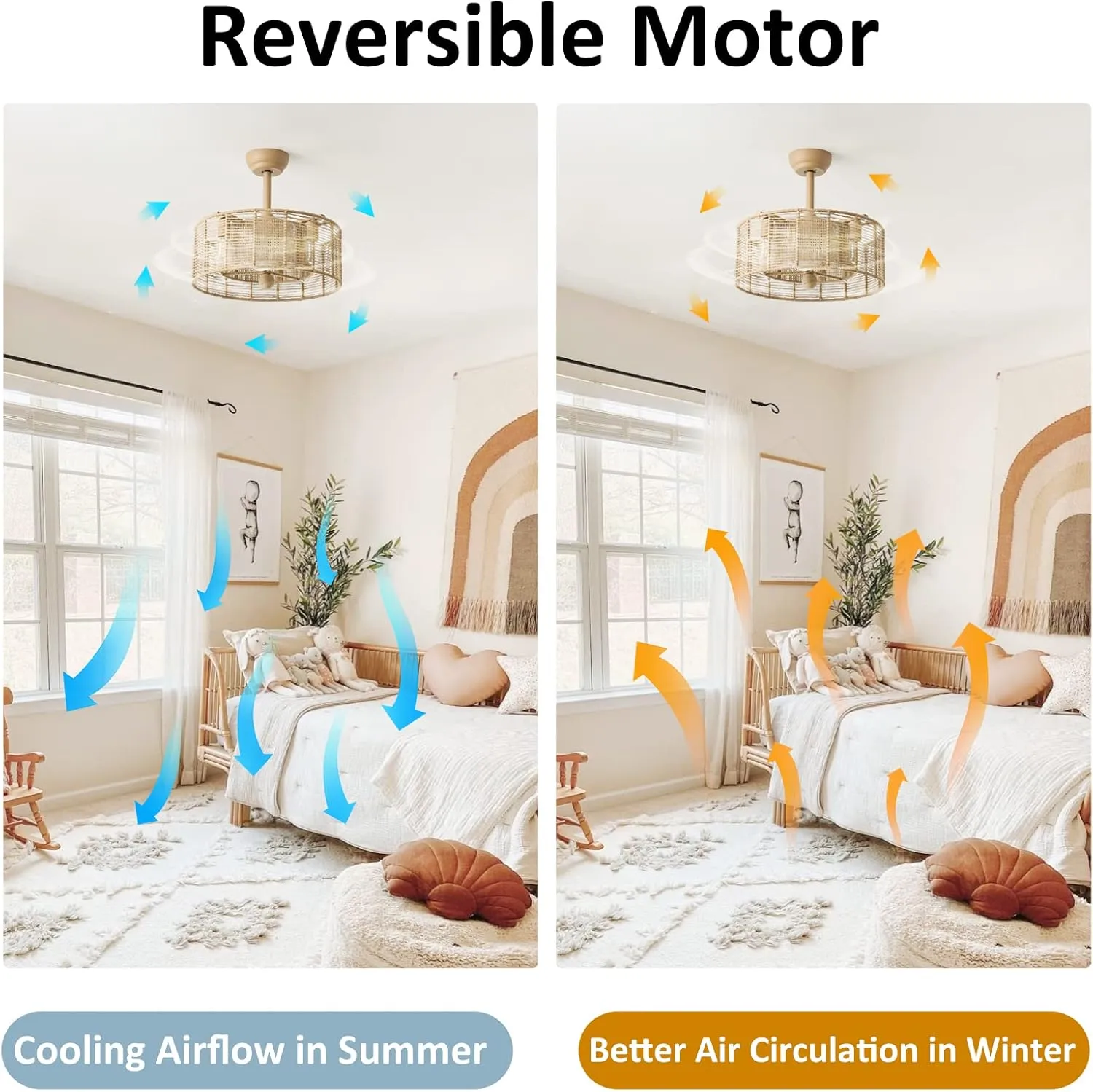 20 Inch Boho Ceiling Fan with Lights Remote Control, Caged Fandelier Ceiling Fan with Light, Rattan Chandelier with 6 Speeds for Bedroom, Study Room, Living Room