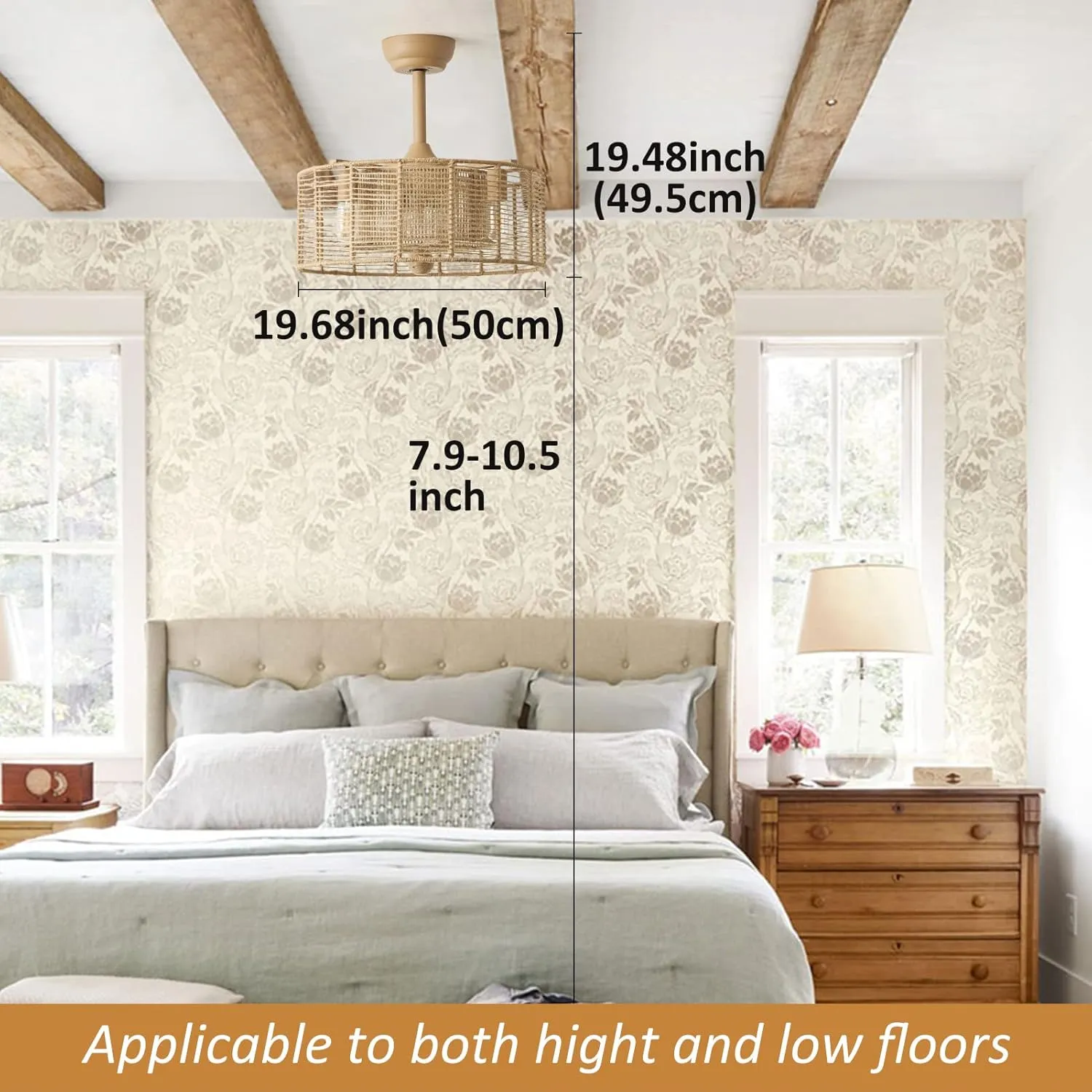 20 Inch Boho Ceiling Fan with Lights Remote Control, Caged Fandelier Ceiling Fan with Light, Rattan Chandelier with 6 Speeds for Bedroom, Study Room, Living Room