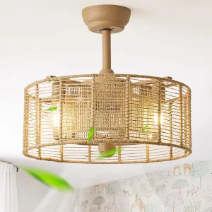 20 Inch Boho Ceiling Fan with Lights Remote Control, Caged Fandelier Ceiling Fan with Light, Rattan Chandelier with 6 Speeds for Bedroom, Study Room, Living Room