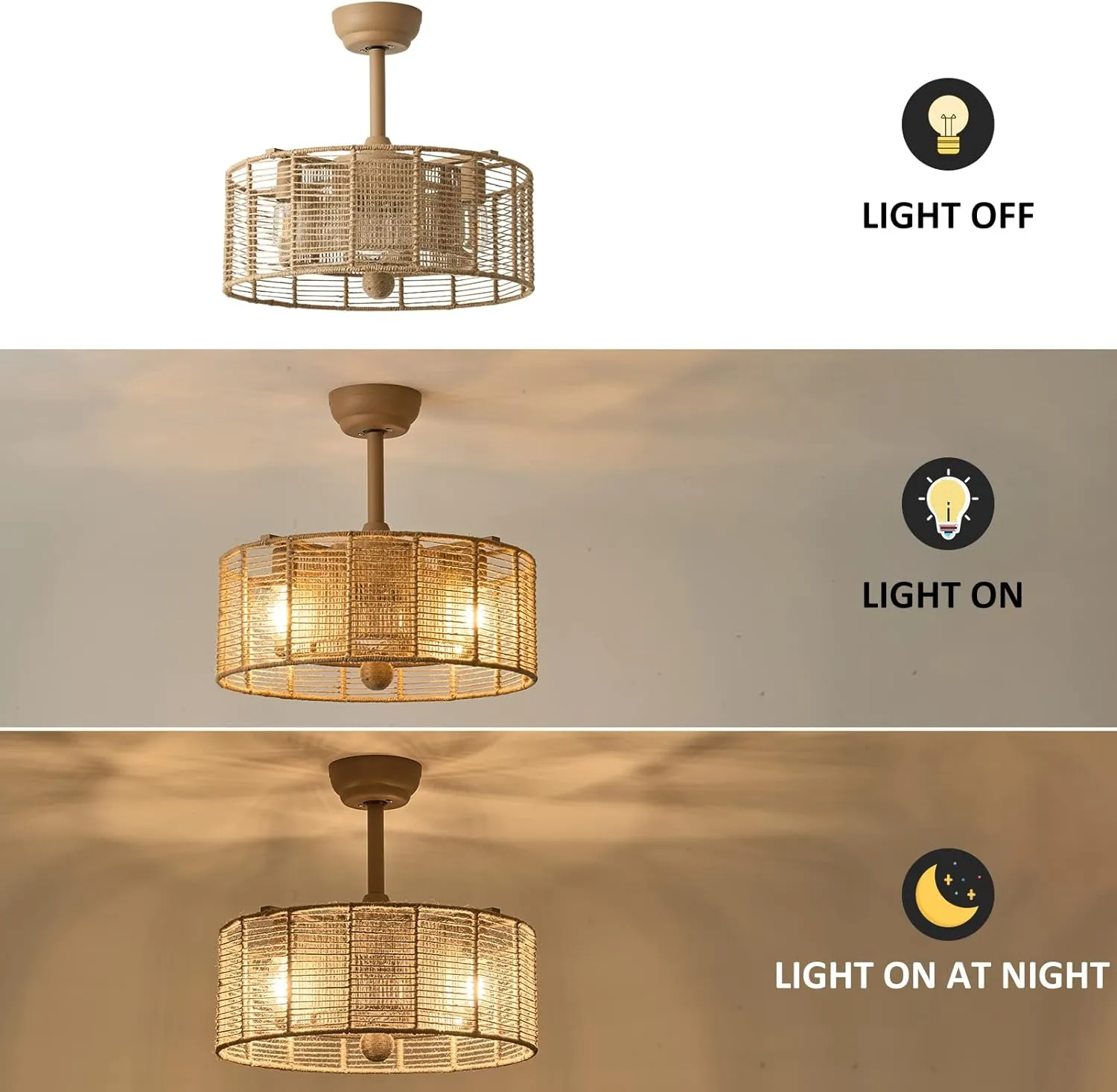 20 Inch Boho Ceiling Fan with Lights Remote Control, Caged Fandelier Ceiling Fan with Light, Rattan Chandelier with 6 Speeds for Bedroom, Study Room, Living Room