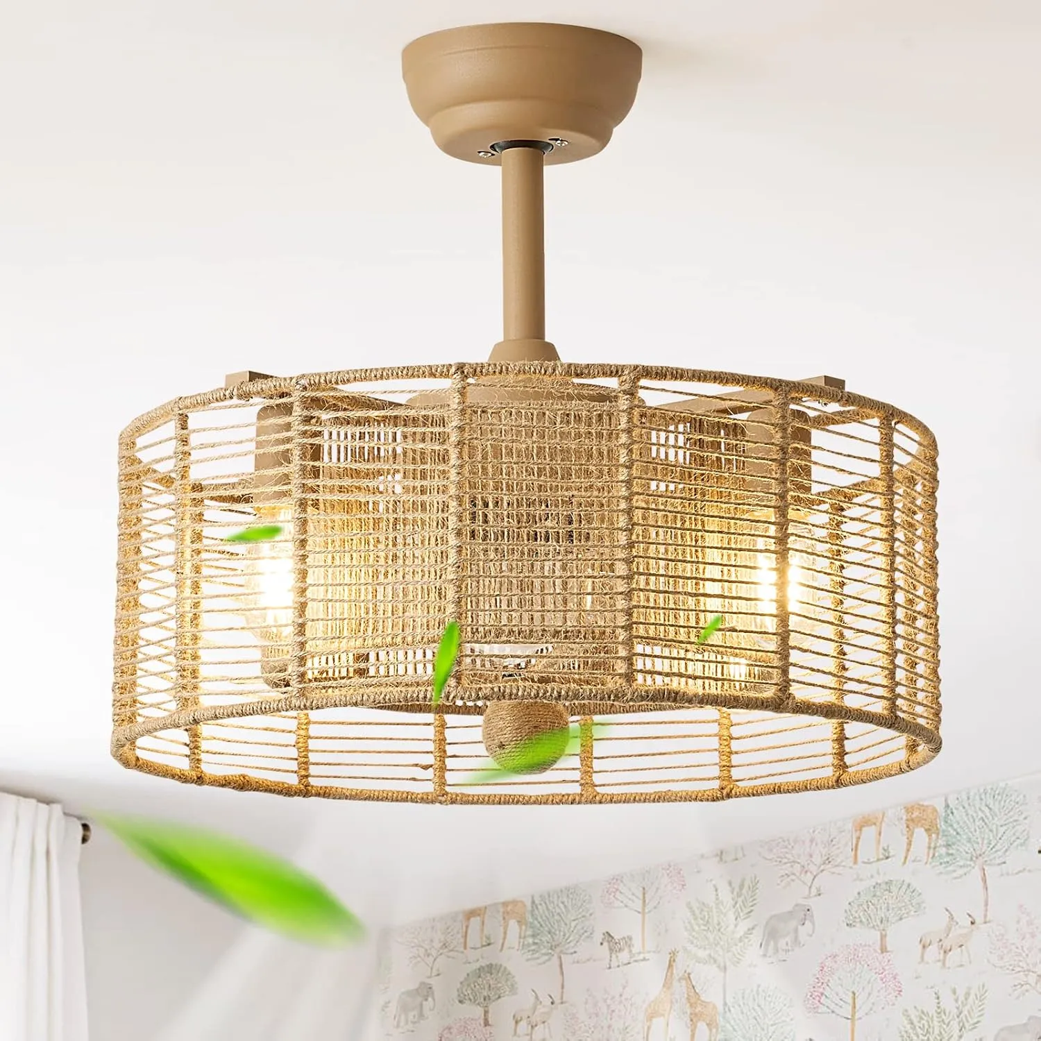 20 Inch Boho Ceiling Fan with Lights Remote Control, Caged Fandelier Ceiling Fan with Light, Rattan Chandelier with 6 Speeds for Bedroom, Study Room, Living Room