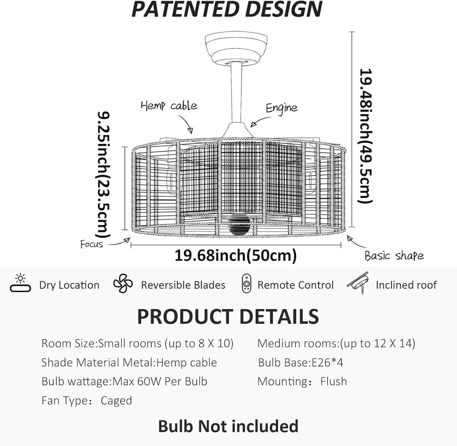 20 Inch Boho Ceiling Fan with Lights Remote Control, Caged Fandelier Ceiling Fan with Light, Rattan Chandelier with 6 Speeds for Bedroom, Study Room, Living Room