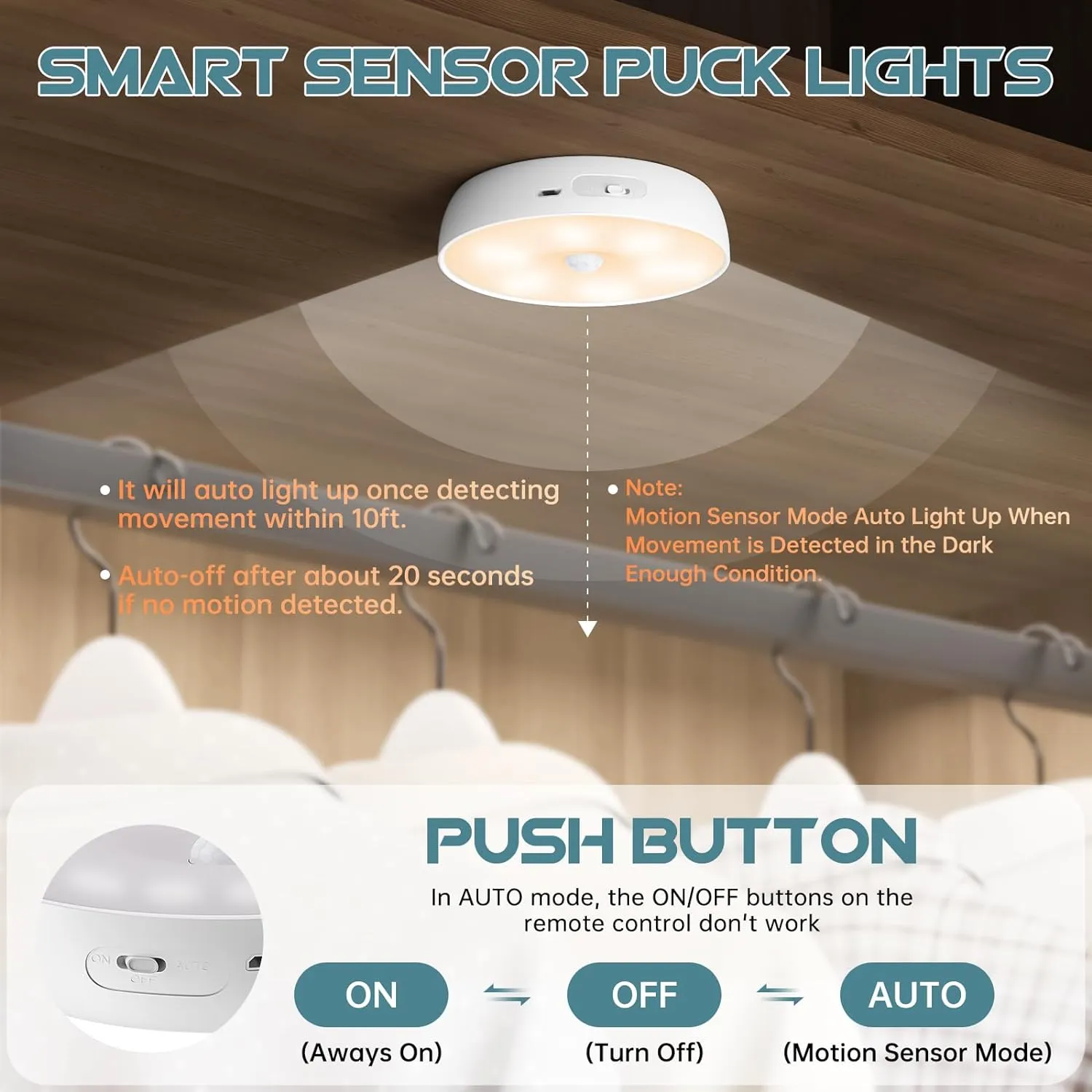 3 Colors Temperatures LED Closet Light Wireless Motion Sensor Puck Light Compatible with Charging Station, USB Rechargeable Battery Operated Puck Light with Remote (1 Pack)