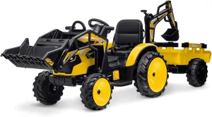 3 in 1 Kids 24V Ride on Tractor, Excavator & Bulldozer, Electric Vehicle w/Trailer, Digger, Shovel Bucket, Remote Control, EVA Tires, LED Lights, Music & USB, Battery Powered Ride on Car Toy, Orange
