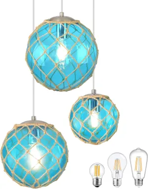 3-light Blue Coastal Pendant Light Kitchen Island,3 Globe Glass Ocean Ceiling Light Fixture Beach House,Dimmable Hemp Rope Chandelier Hanging For Bathroom Living Room Farmhouse Bedroom(Bulb Incl.