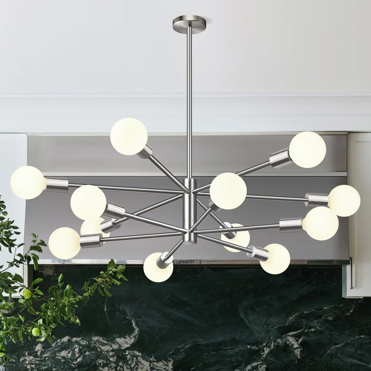 33" Modern Chandelier Ceiling Light Fixture, 12-Light Sputnik Chandeliers Brushed Nickle Mid Century Chandelier Over Table, Height Adjustable Chandeliers for Dining Room Living Room Kitchen Island