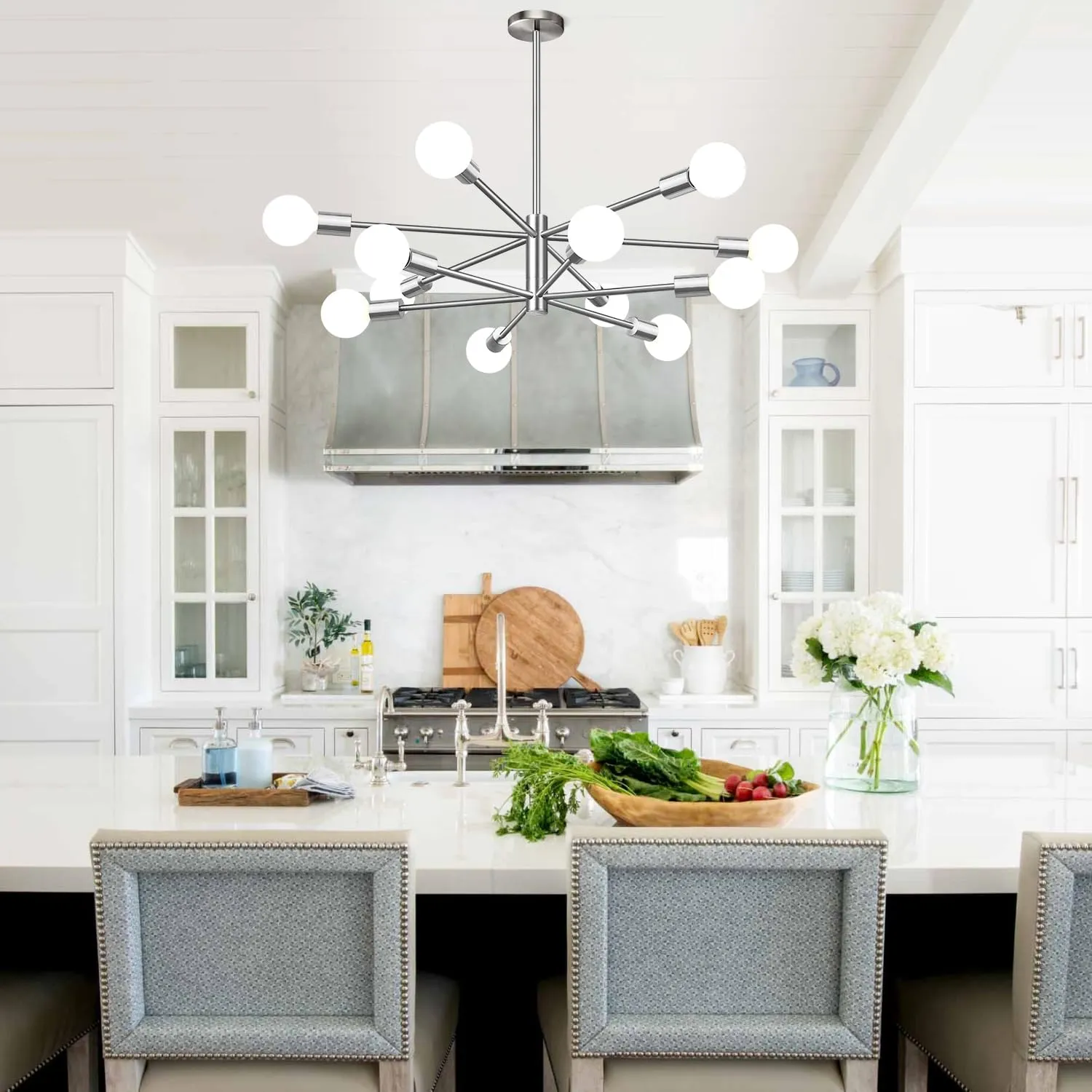 33" Modern Chandelier Ceiling Light Fixture, 12-Light Sputnik Chandeliers Brushed Nickle Mid Century Chandelier Over Table, Height Adjustable Chandeliers for Dining Room Living Room Kitchen Island
