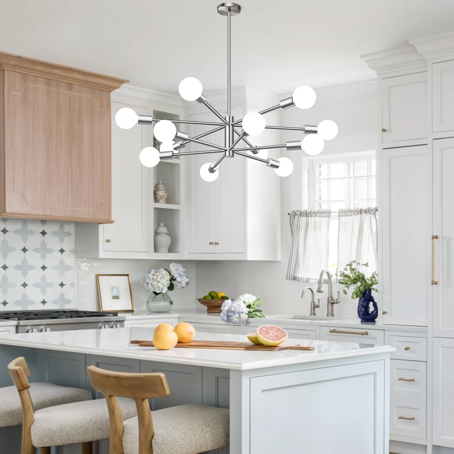 33" Modern Chandelier Ceiling Light Fixture, 12-Light Sputnik Chandeliers Brushed Nickle Mid Century Chandelier Over Table, Height Adjustable Chandeliers for Dining Room Living Room Kitchen Island