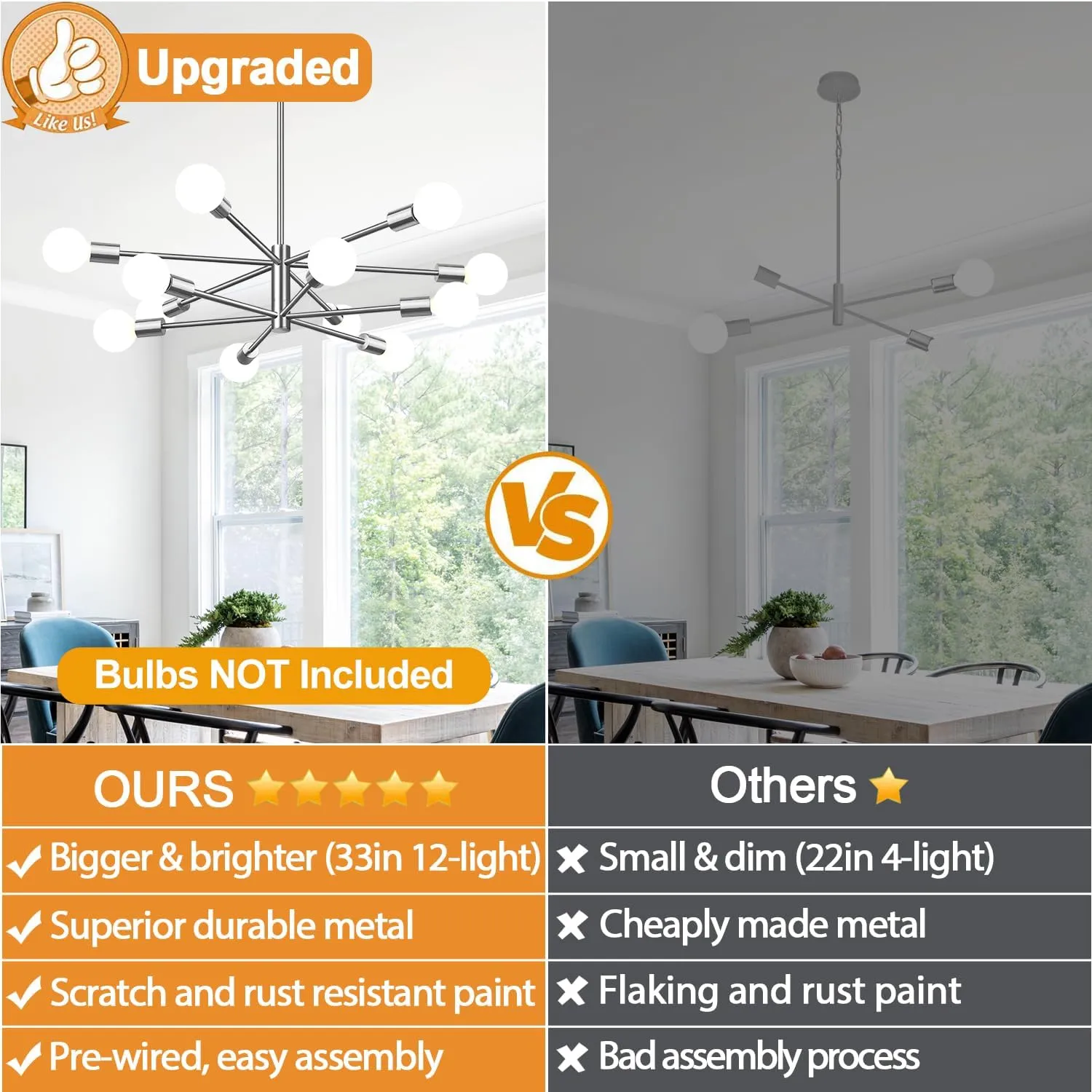 33" Modern Chandelier Ceiling Light Fixture, 12-Light Sputnik Chandeliers Brushed Nickle Mid Century Chandelier Over Table, Height Adjustable Chandeliers for Dining Room Living Room Kitchen Island