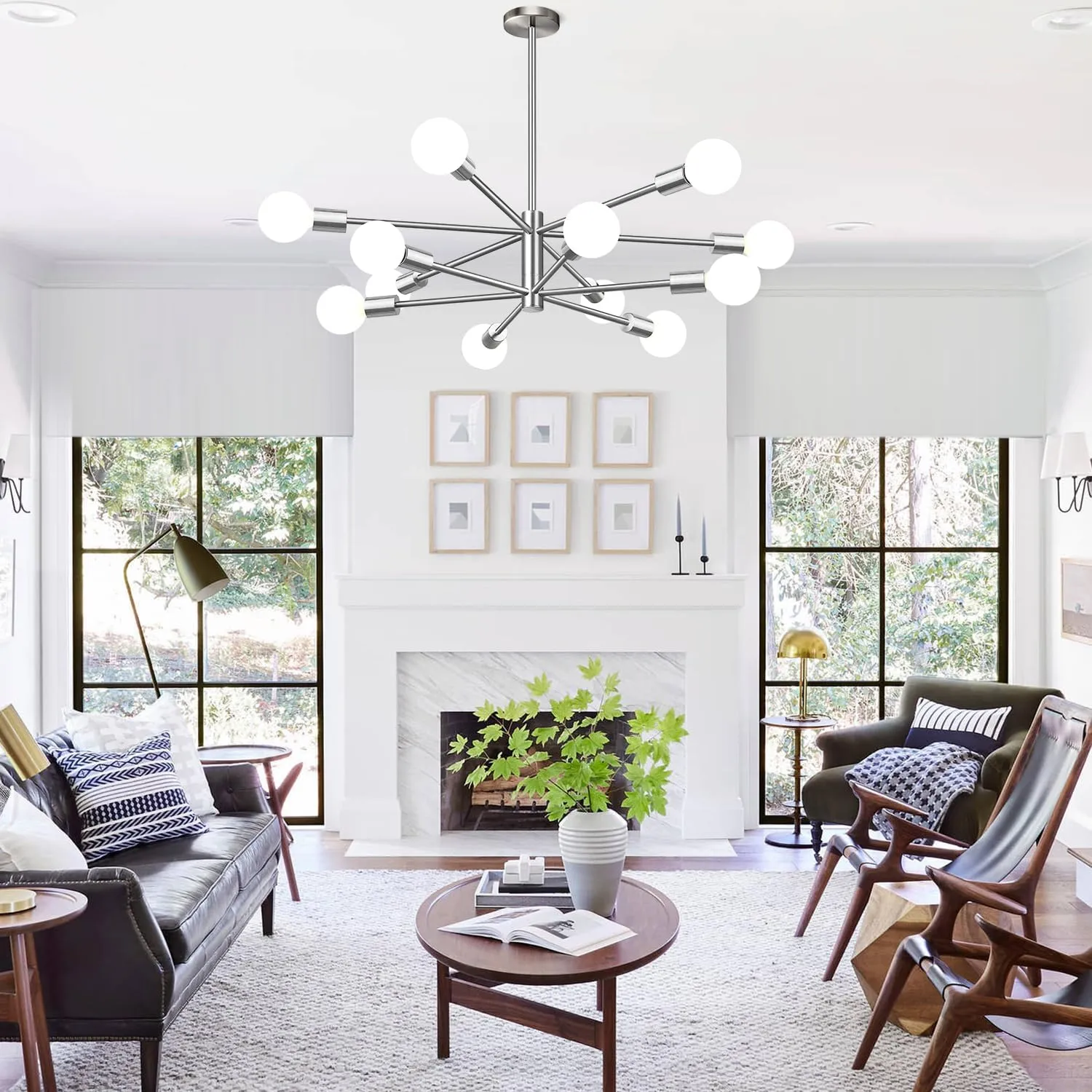 33" Modern Chandelier Ceiling Light Fixture, 12-Light Sputnik Chandeliers Brushed Nickle Mid Century Chandelier Over Table, Height Adjustable Chandeliers for Dining Room Living Room Kitchen Island