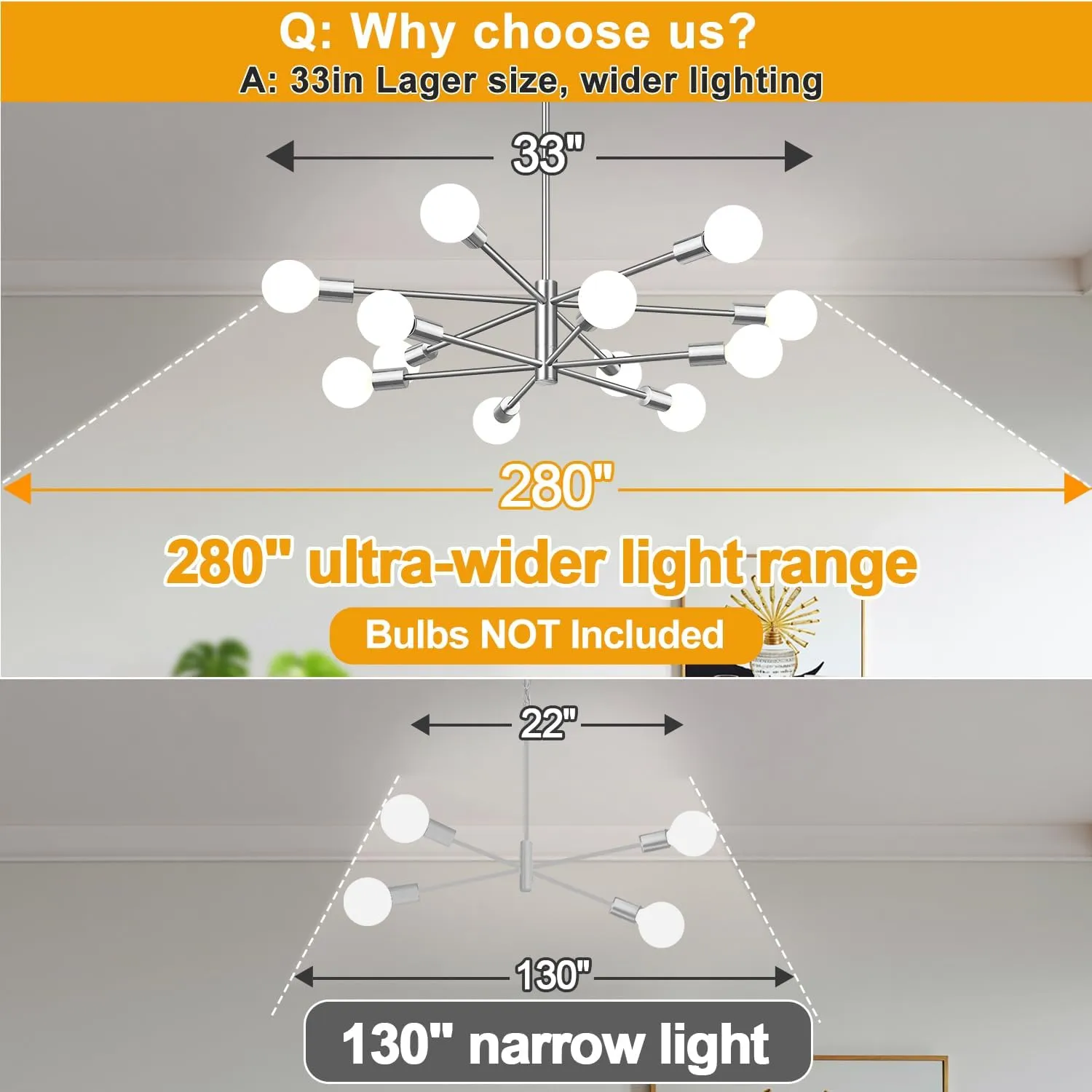 33" Modern Chandelier Ceiling Light Fixture, 12-Light Sputnik Chandeliers Brushed Nickle Mid Century Chandelier Over Table, Height Adjustable Chandeliers for Dining Room Living Room Kitchen Island