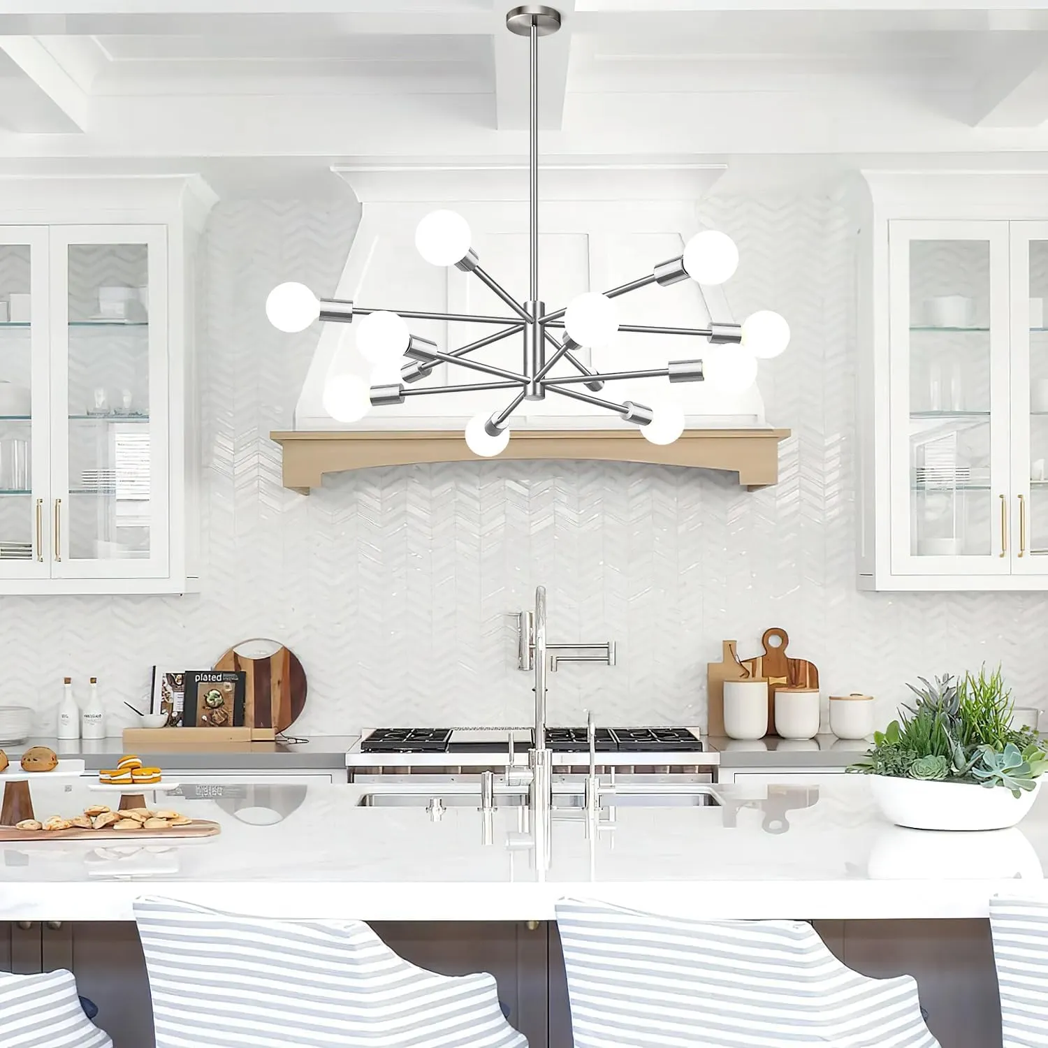 33" Modern Chandelier Ceiling Light Fixture, 12-Light Sputnik Chandeliers Brushed Nickle Mid Century Chandelier Over Table, Height Adjustable Chandeliers for Dining Room Living Room Kitchen Island