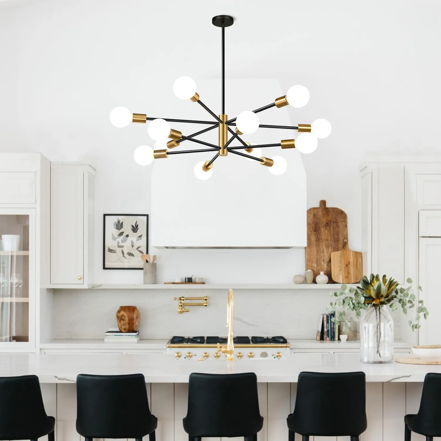 33" Modern Chandelier Ceiling Light Fixture, 12-Light Sputnik Chandeliers Gold and Black Mid Century Chandelier Over Table, Height Adjustable Chandeliers for Dining Room Living Room Kitchen Island