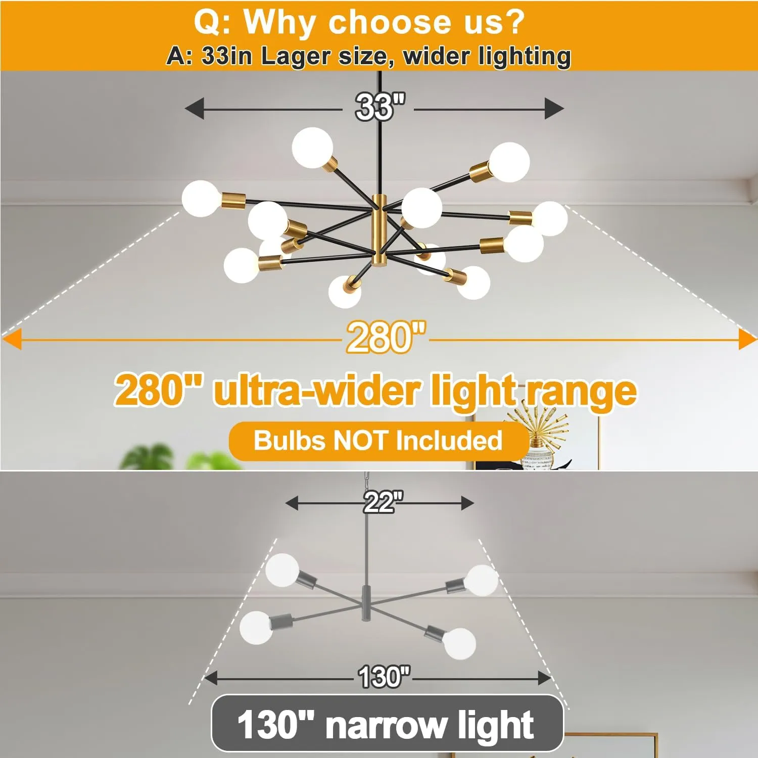 33" Modern Chandelier Ceiling Light Fixture, 12-Light Sputnik Chandeliers Gold and Black Mid Century Chandelier Over Table, Height Adjustable Chandeliers for Dining Room Living Room Kitchen Island