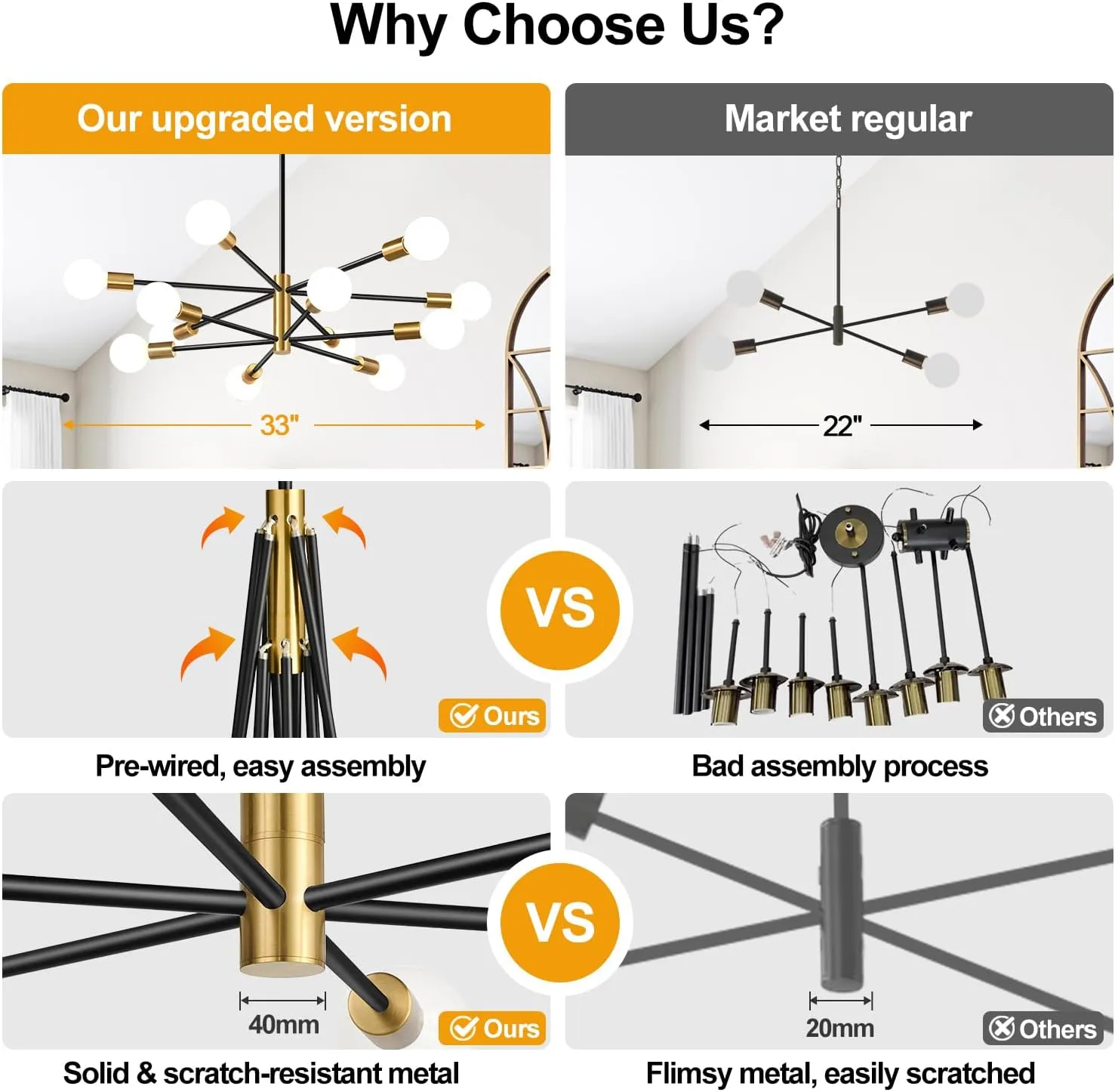 33" Modern Chandelier Ceiling Light Fixture, 12-Light Sputnik Chandeliers Gold and Black Mid Century Chandelier Over Table, Height Adjustable Chandeliers for Dining Room Living Room Kitchen Island