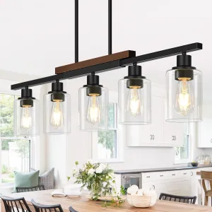 37" Farmhouse Dining Room Light Fixture Over Table, 5-Light Matte Black Wood Kitchen Island Lighting with Clear Glass Shade, Pendant Lights Linear Chandeliers for Dining Room Kitchen Island