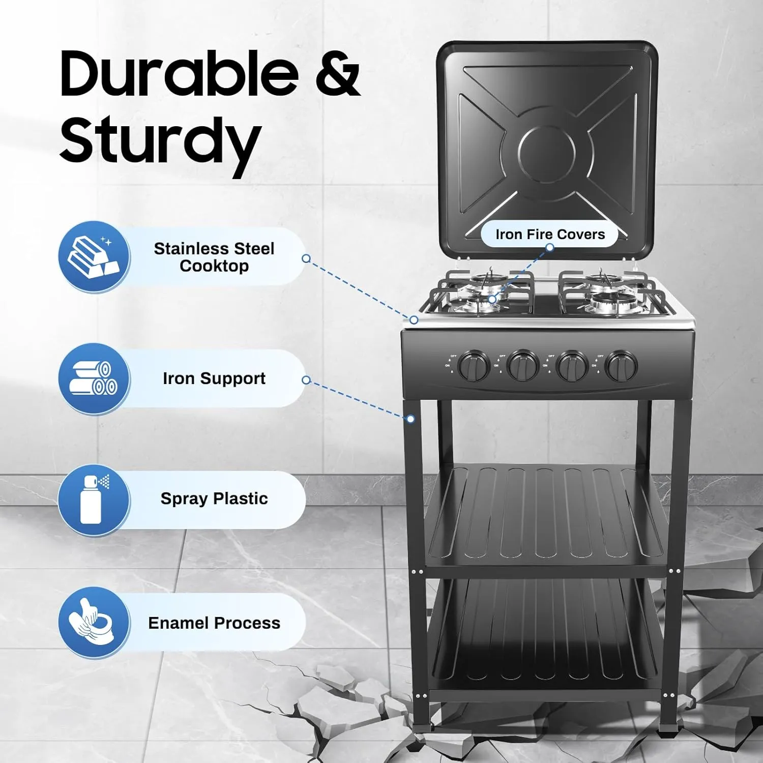 4 Burner Gas Stove Portable LNG Camping Grill Stove with 2 Tier Storage Rack, Natural Gas Cooker with Support Leg Bracket & Wind Blocking Cover Adapter, Manual Ignition Camping Stove (Black)
