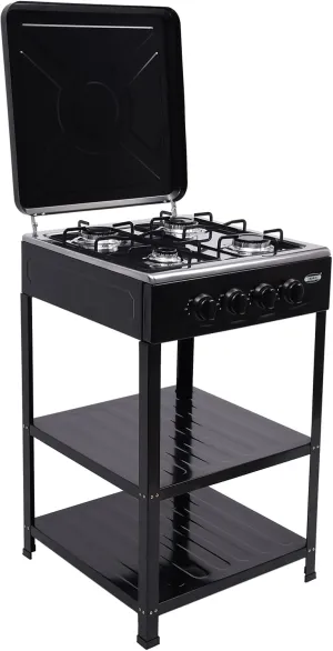 4 Burner Gas Stove Portable LNG Camping Grill Stove with 2 Tier Storage Rack, Natural Gas Cooker with Support Leg Bracket & Wind Blocking Cover Adapter, Manual Ignition Camping Stove (Black)