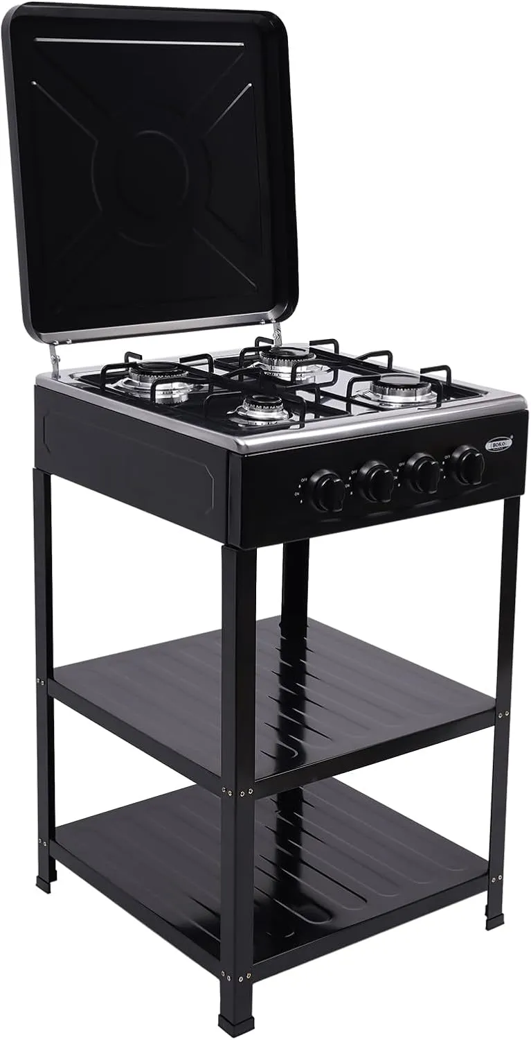 4 Burner Gas Stove Portable LNG Camping Grill Stove with 2 Tier Storage Rack, Natural Gas Cooker with Support Leg Bracket & Wind Blocking Cover Adapter, Manual Ignition Camping Stove (Black)