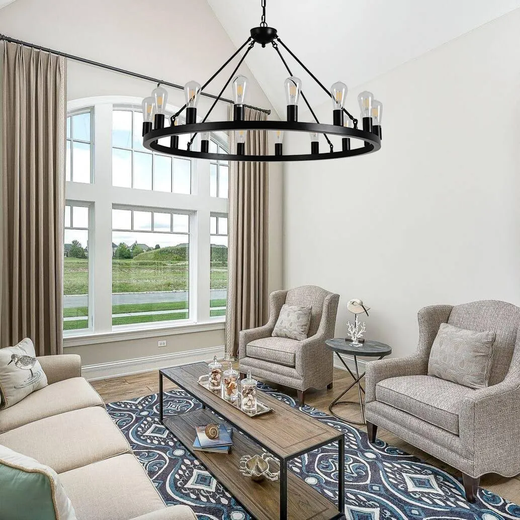 40" Black Wagon Wheel Chandelier,E26 16-Light Large Round Rustic Farmhouse Chandelier Industrial Pendant Light Fixtures for Dining Room Living Room Kitchen Island Entryway Foyer